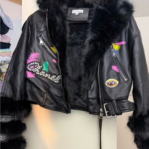 Black Embellished Faux Fur Trim Leatherette Jacket by Sean Collection